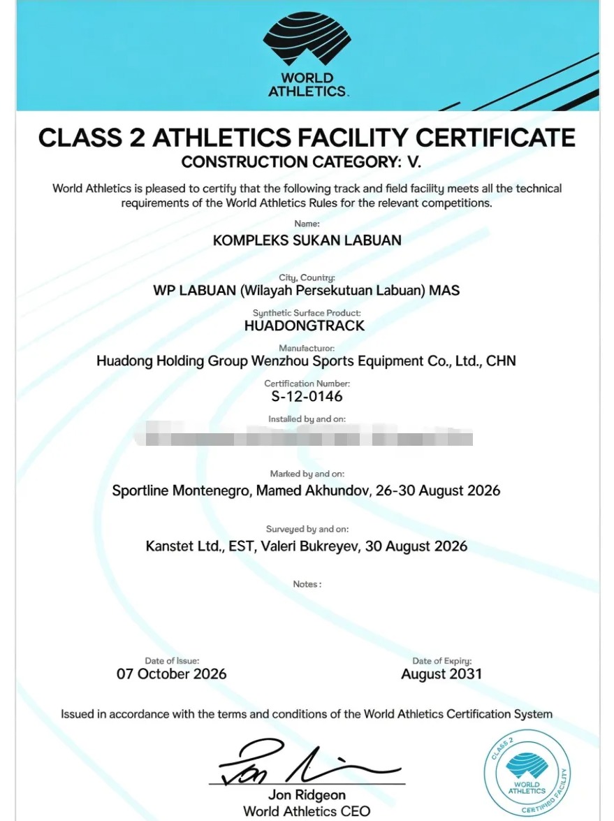 World Athletics Class 2 certificate for Kompleks Sukan 纳闽.
