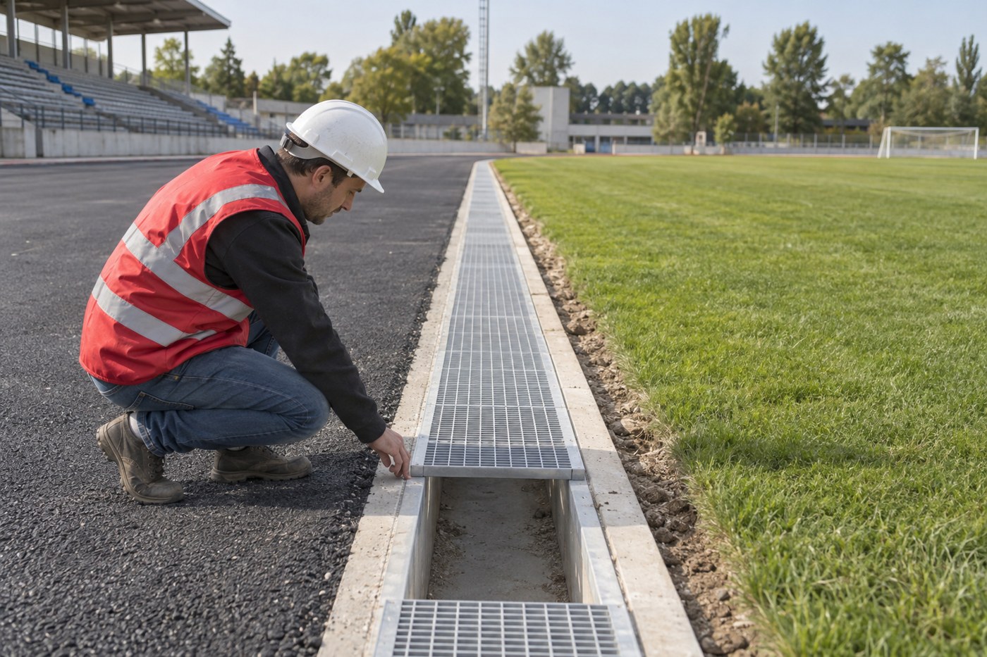 Inspection of a drainage channel beside an asphalt track base