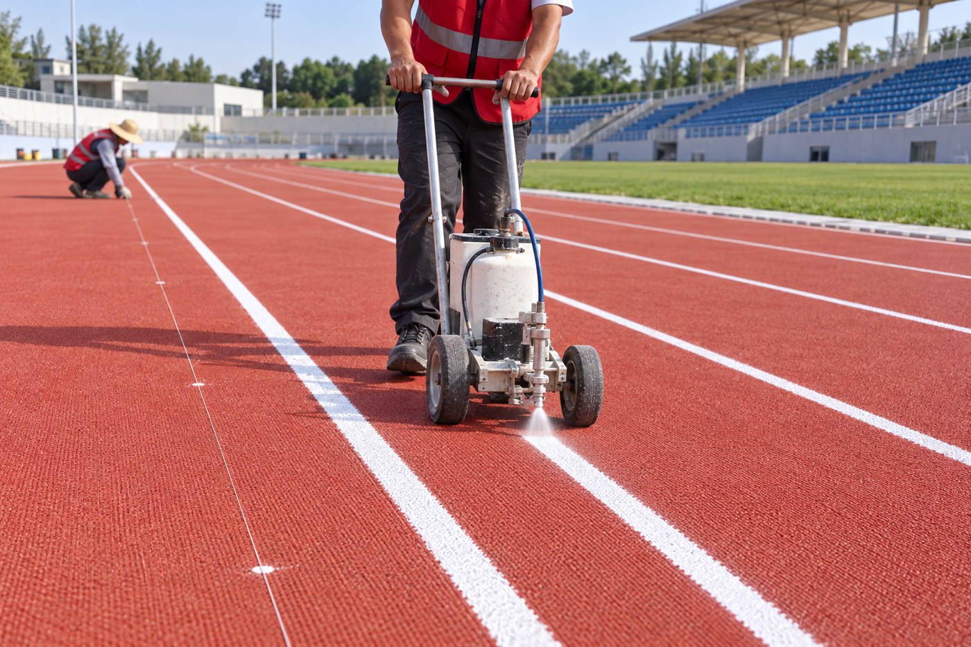 Guided line-marking trolley applying a white line on a red rubber track