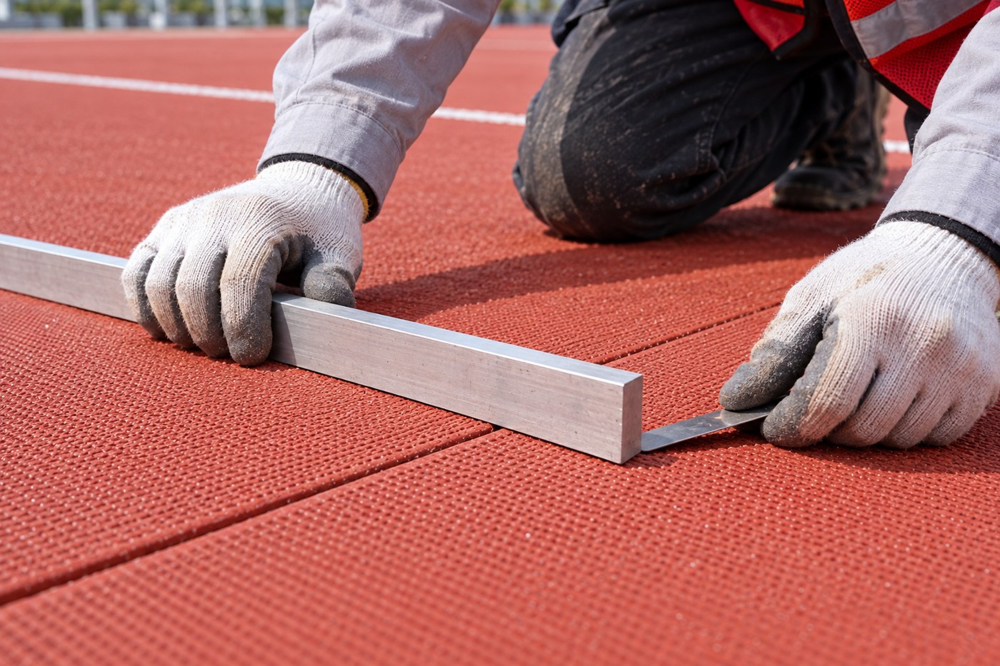 Straightedge and feeler-gauge check across a prefabricated rubber sheet joint