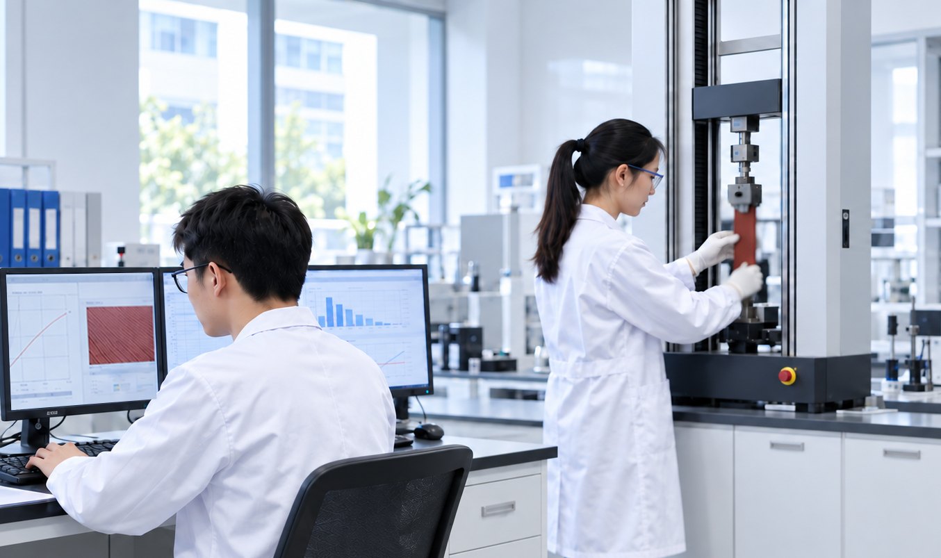 Technicians examining material in a laboratory testing machine